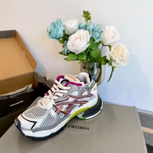 Unisex Chunky Mesh Runner Sneakers - Metallic Silver & Magenta Deconstructed Vintage Retro Platform Shoes