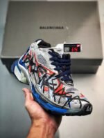 Retro Deconstructed Chunky Sneakers Blue Red Graffiti Print Mesh Platform Runners for Men