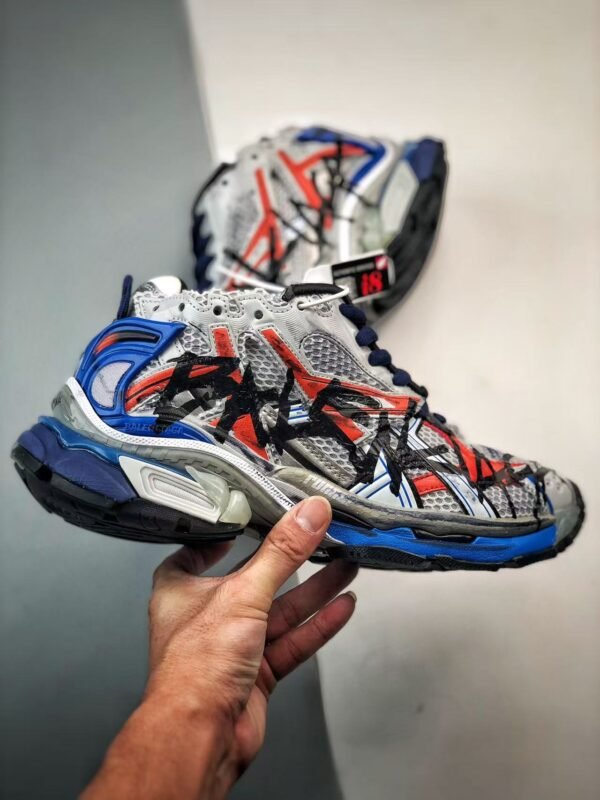 Retro Deconstructed Chunky Sneakers Blue Red Graffiti Print Mesh Platform Runners for Men