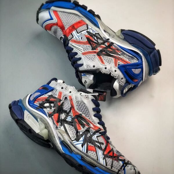 Retro Deconstructed Chunky Sneakers Blue Red Graffiti Print Mesh Platform Runners for Men