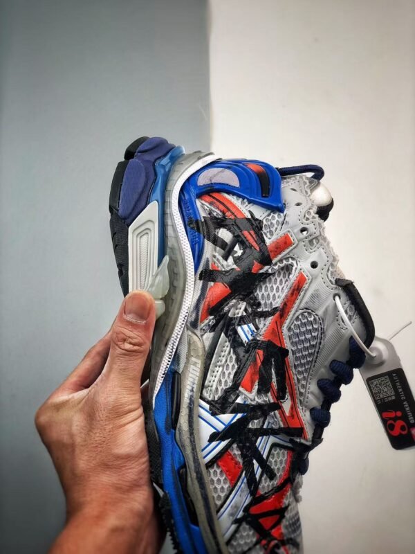 Retro Deconstructed Chunky Sneakers Blue Red Graffiti Print Mesh Platform Runners for Men