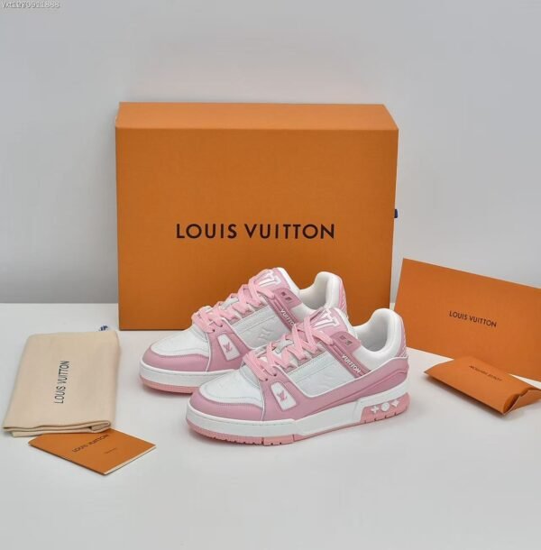 Pink and White Leather Retro Basketball Sneakers - Low Top Streetwear