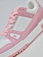 Pink and White Leather Retro Basketball Sneakers - Low Top Streetwear