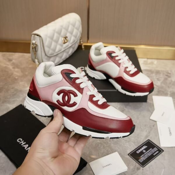 Retro Pink & Red Leather Chunky Sneakers - Genuine Calfskin Contrast Color Platform Trainers