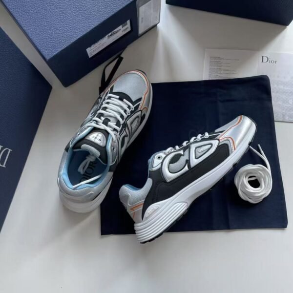 Unisex Reflective Mesh Leather Chunky Sneakers - Silver Grey & Ice Blue Retro Running Shoes