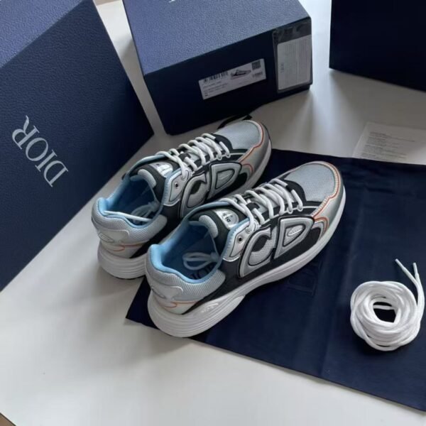 Unisex Reflective Mesh Leather Chunky Sneakers - Silver Grey & Ice Blue Retro Running Shoes