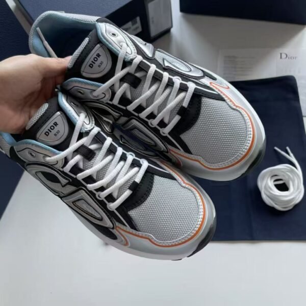 Unisex Reflective Mesh Leather Chunky Sneakers - Silver Grey & Ice Blue Retro Running Shoes