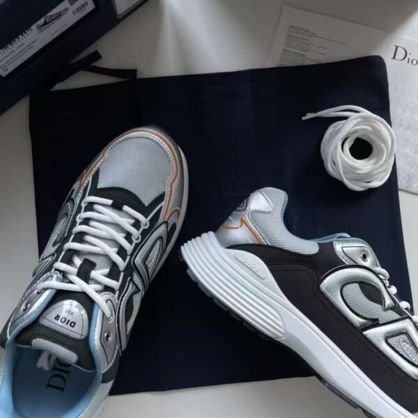 Unisex Reflective Mesh Leather Chunky Sneakers - Silver Grey & Ice Blue Retro Running Shoes