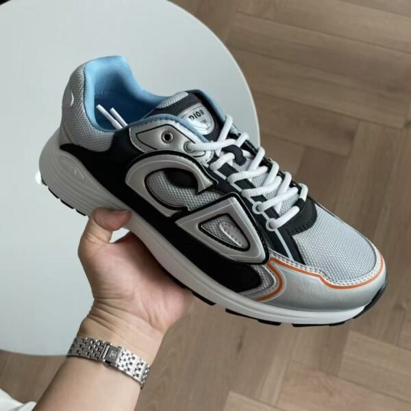 Unisex Reflective Mesh Leather Chunky Sneakers - Silver Grey & Ice Blue Retro Running Shoes