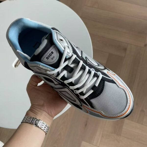 Unisex Reflective Mesh Leather Chunky Sneakers - Silver Grey & Ice Blue Retro Running Shoes