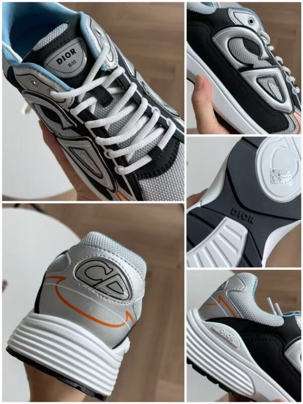 Unisex Reflective Mesh Leather Chunky Sneakers - Silver Grey & Ice Blue Retro Running Shoes