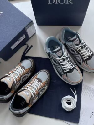Unisex Reflective Mesh Leather Chunky Sneakers - Silver Grey & Ice Blue Retro Running Shoes