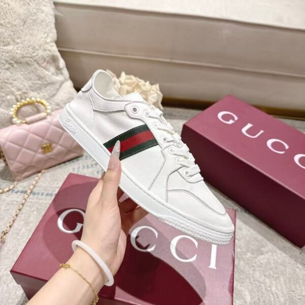 Unisex Soft Sheepskin Leather Sneakers - Classic Web Stripe Low Top Casual Walking Shoes