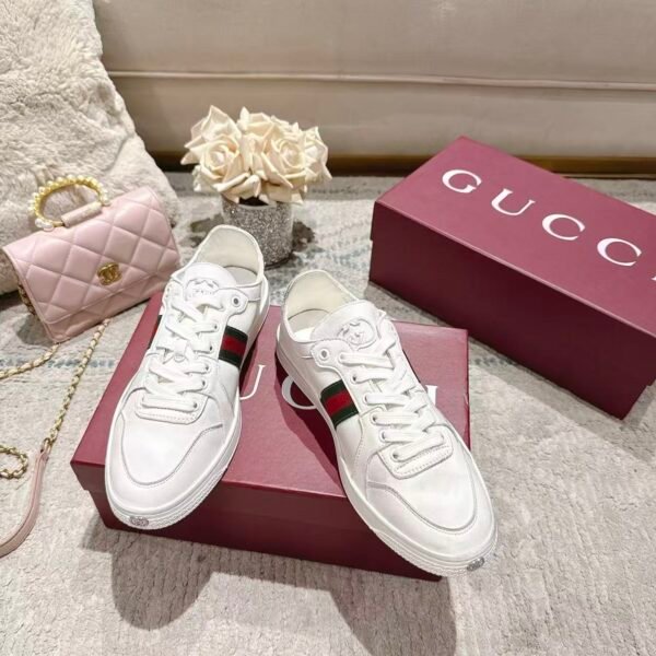 Unisex Soft Sheepskin Leather Sneakers - Classic Web Stripe Low Top Casual Walking Shoes