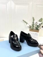 Women's Glossy Patent Leather Chunky Platform High Heel Loafers with Metal Triangle Emblem - Vintage Square Toe Block Heel Slip-On Office Shoes