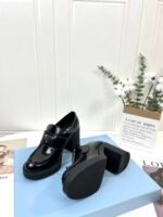 Women's Glossy Patent Leather Chunky Platform High Heel Loafers with Metal Triangle Emblem - Vintage Square Toe Block Heel Slip-On Office Shoes