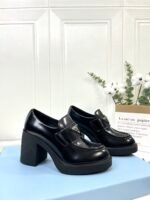 Women's Glossy Patent Leather Chunky Platform High Heel Loafers with Metal Triangle Emblem - Vintage Square Toe Block Heel Slip-On Office Shoes