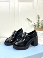 Women's Glossy Patent Leather Chunky Platform High Heel Loafers with Metal Triangle Emblem - Vintage Square Toe Block Heel Slip-On Office Shoes