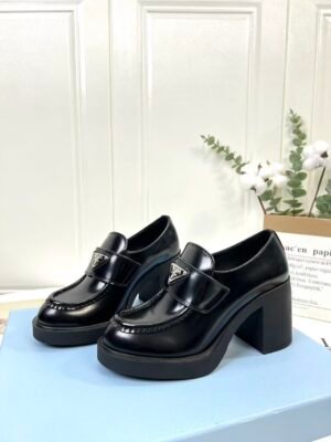 Women's Glossy Patent Leather Chunky Platform High Heel Loafers with Metal Triangle Emblem - Vintage Square Toe Block Heel Slip-On Office Shoes