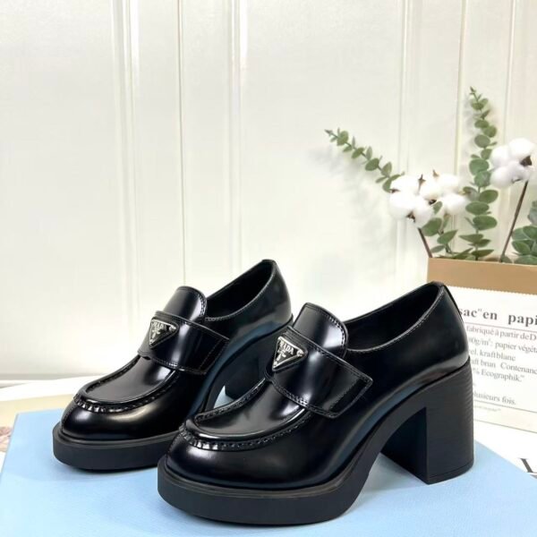 Women's Glossy Patent Leather Chunky Platform High Heel Loafers with Metal Triangle Emblem - Vintage Square Toe Block Heel Slip-On Office Shoes