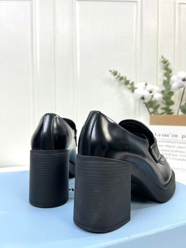 Women's Glossy Patent Leather Chunky Platform High Heel Loafers with Metal Triangle Emblem - Vintage Square Toe Block Heel Slip-On Office Shoes