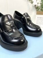 Women's Glossy Patent Leather Chunky Platform High Heel Loafers with Metal Triangle Emblem - Vintage Square Toe Block Heel Slip-On Office Shoes