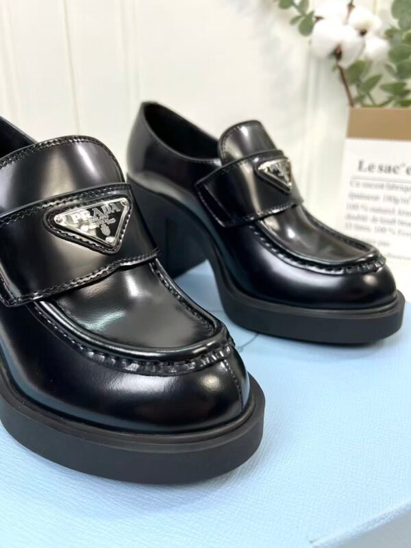 Women's Glossy Patent Leather Chunky Platform High Heel Loafers with Metal Triangle Emblem - Vintage Square Toe Block Heel Slip-On Office Shoes