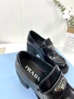 Women's Glossy Patent Leather Chunky Platform High Heel Loafers with Metal Triangle Emblem - Vintage Square Toe Block Heel Slip-On Office Shoes