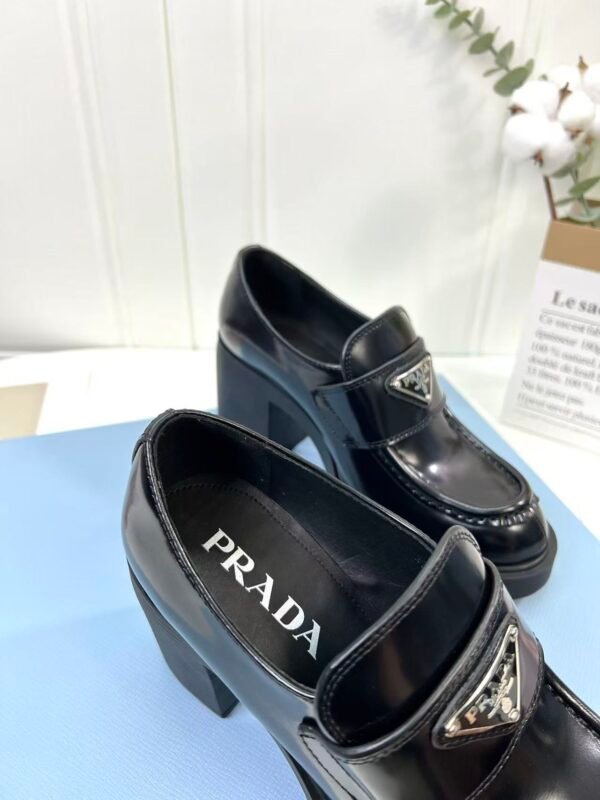 Women's Glossy Patent Leather Chunky Platform High Heel Loafers with Metal Triangle Emblem - Vintage Square Toe Block Heel Slip-On Office Shoes