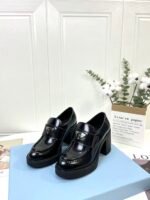 Women's Glossy Patent Leather Chunky Platform High Heel Loafers with Metal Triangle Emblem - Vintage Square Toe Block Heel Slip-On Office Shoes