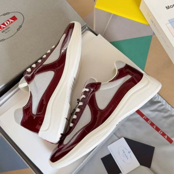 Burgundy Patent Leather & Mesh Low-Top Sneakers – Retro Chunky Platform Walking Shoes for Men & Women