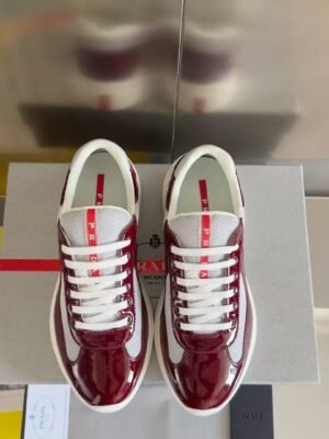 Burgundy Patent Leather & Mesh Low-Top Sneakers – Retro Chunky Platform Walking Shoes for Men & Women