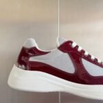Burgundy Patent Leather & Mesh Low-Top Sneakers – Retro Chunky Platform Walking Shoes for Men & Women