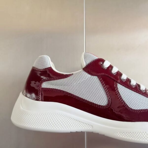 Burgundy Patent Leather & Mesh Low-Top Sneakers – Retro Chunky Platform Walking Shoes for Men & Women
