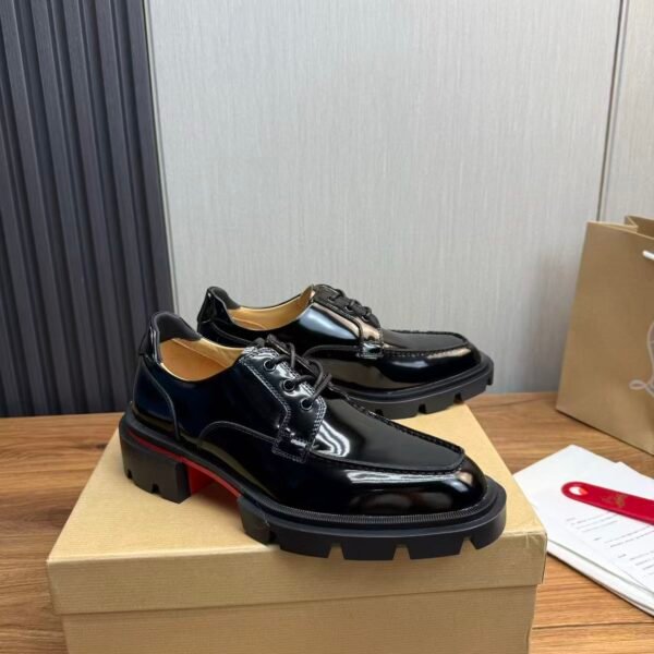 Men's Chunky Lug Sole Derby Shoes – Shiny Leather Platform Dress Shoes with Red Accent Bottom