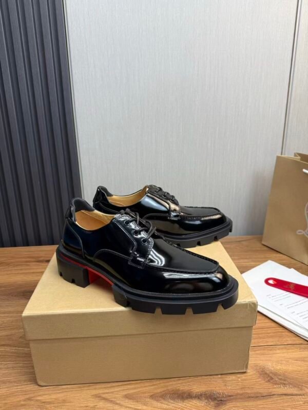 Men's Chunky Lug Sole Derby Shoes – Shiny Leather Platform Dress Shoes with Red Accent Bottom