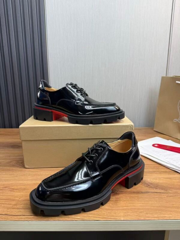 Men's Chunky Lug Sole Derby Shoes – Shiny Leather Platform Dress Shoes with Red Accent Bottom