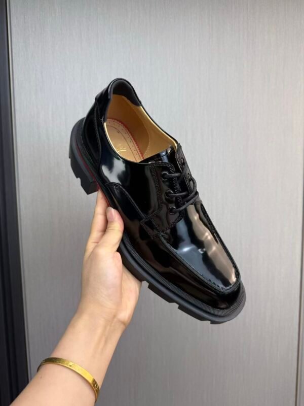 Men's Chunky Lug Sole Derby Shoes – Shiny Leather Platform Dress Shoes with Red Accent Bottom