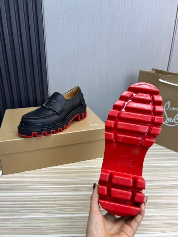 Men's Classic Black Genuine Leather Loafers with Chunky Red Lug Sole | Thick Bottom Slip-On Dress Shoes