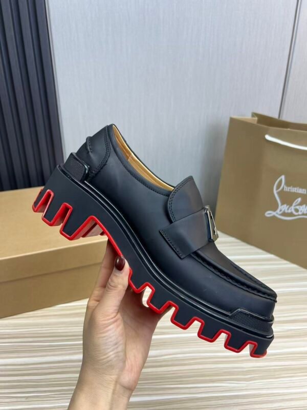 Men's Classic Black Genuine Leather Loafers with Chunky Red Lug Sole | Thick Bottom Slip-On Dress Shoes