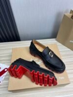 Men's Classic Black Genuine Leather Loafers with Chunky Red Lug Sole | Thick Bottom Slip-On Dress Shoes