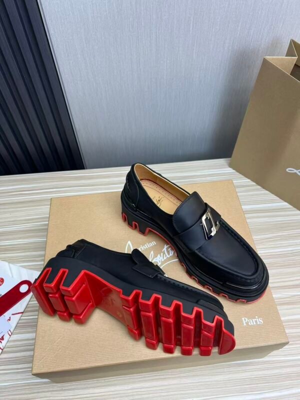 Men's Classic Black Genuine Leather Loafers with Chunky Red Lug Sole | Thick Bottom Slip-On Dress Shoes