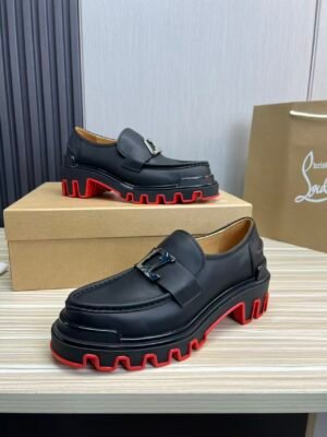Men's Classic Black Genuine Leather Loafers with Chunky Red Lug Sole | Thick Bottom Slip-On Dress Shoes