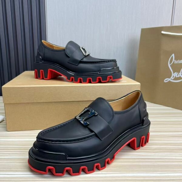 Men's Classic Black Genuine Leather Loafers with Chunky Red Lug Sole | Thick Bottom Slip-On Dress Shoes