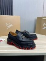 Men's Classic Black Genuine Leather Loafers with Chunky Red Lug Sole | Thick Bottom Slip-On Dress Shoes