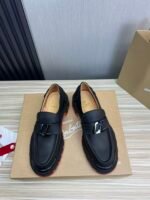Men's Classic Black Genuine Leather Loafers with Chunky Red Lug Sole | Thick Bottom Slip-On Dress Shoes