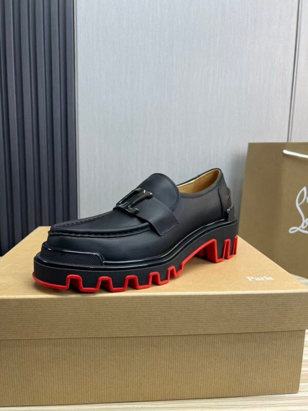 Men's Classic Black Genuine Leather Loafers with Chunky Red Lug Sole | Thick Bottom Slip-On Dress Shoes