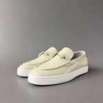Men's Cream Leather Loafer Sneakers with Metal Hardware - Classic Smart Casual Slip-On Shoes