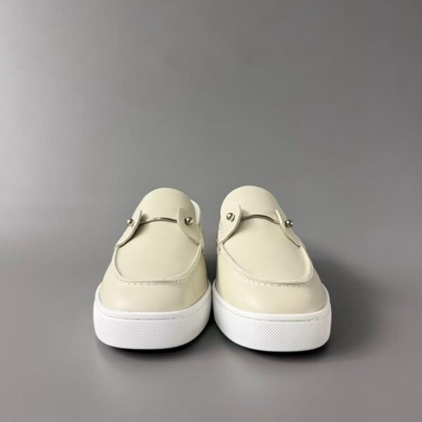 Men's Cream Leather Loafer Sneakers with Metal Hardware - Classic Smart Casual Slip-On Shoes