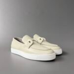Men's Cream Leather Loafer Sneakers with Metal Hardware - Classic Smart Casual Slip-On Shoes